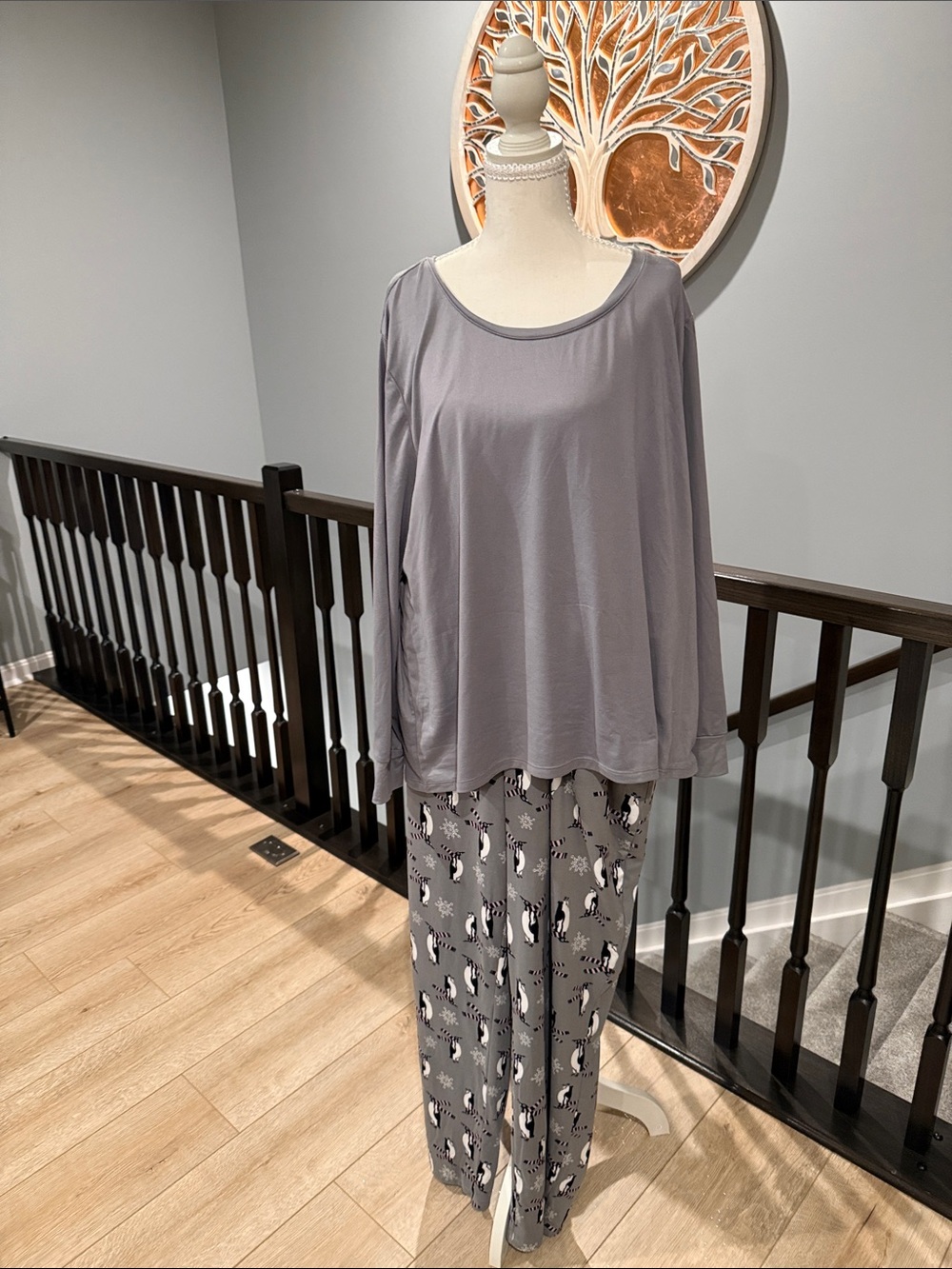 AnyBody Grey Long-Sleeve Sleep Top with Printed Grey Pajama Pants Penguins